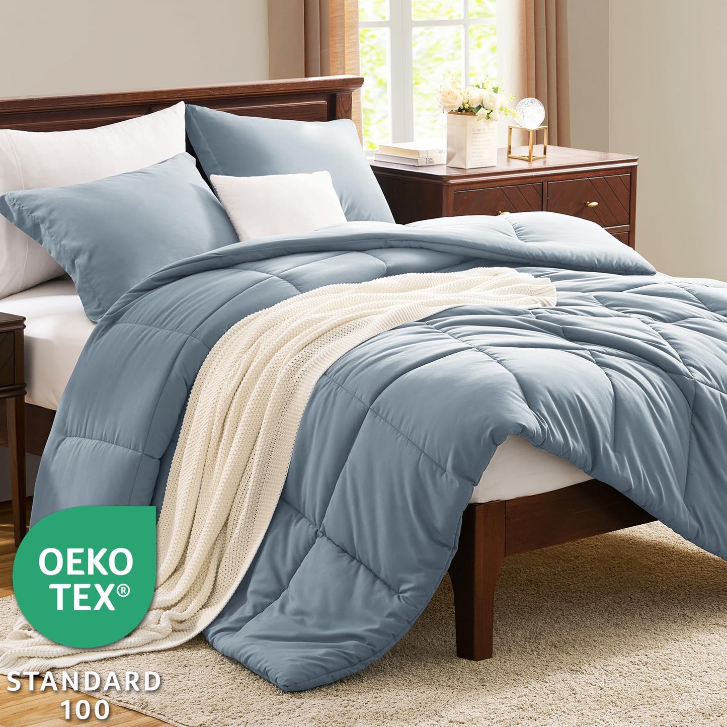 CozyLux Queen Comforter Set - 270GSM Grayish Blue Bedding Sets for All Seasons, 3 Pieces Box Stitched Bed Set with 1 Down Alternative Comforter and 2 Pillow Shams, Soft, Lightweight, Breathable