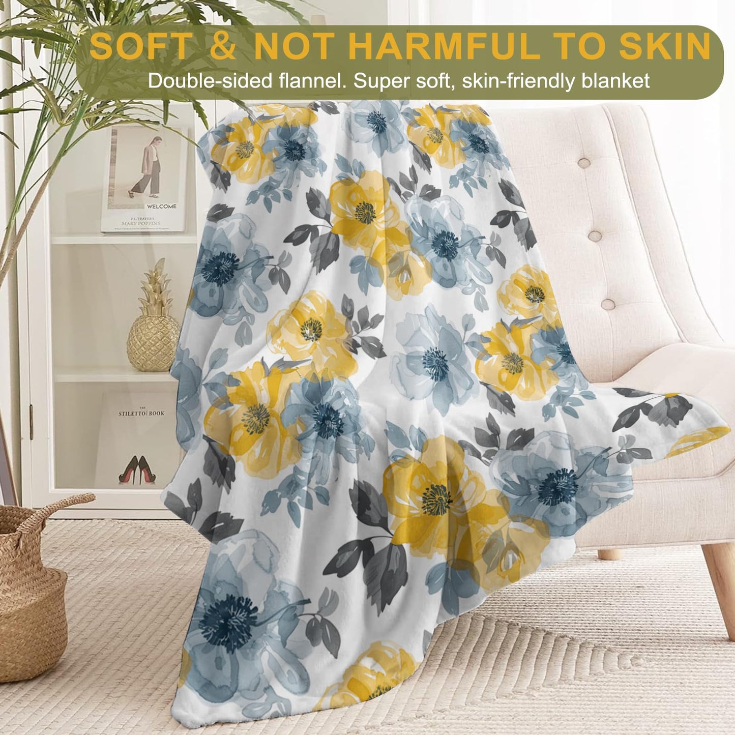 ainori Elegant Floral Throw Blanket 50x60 in, Chic Yellow Blue Flower Blankets for Couch Bedroom Living Room Indoor Decor, Lightweight Soft Cozy Bedding Birthday Gift for Kids Boys Adults