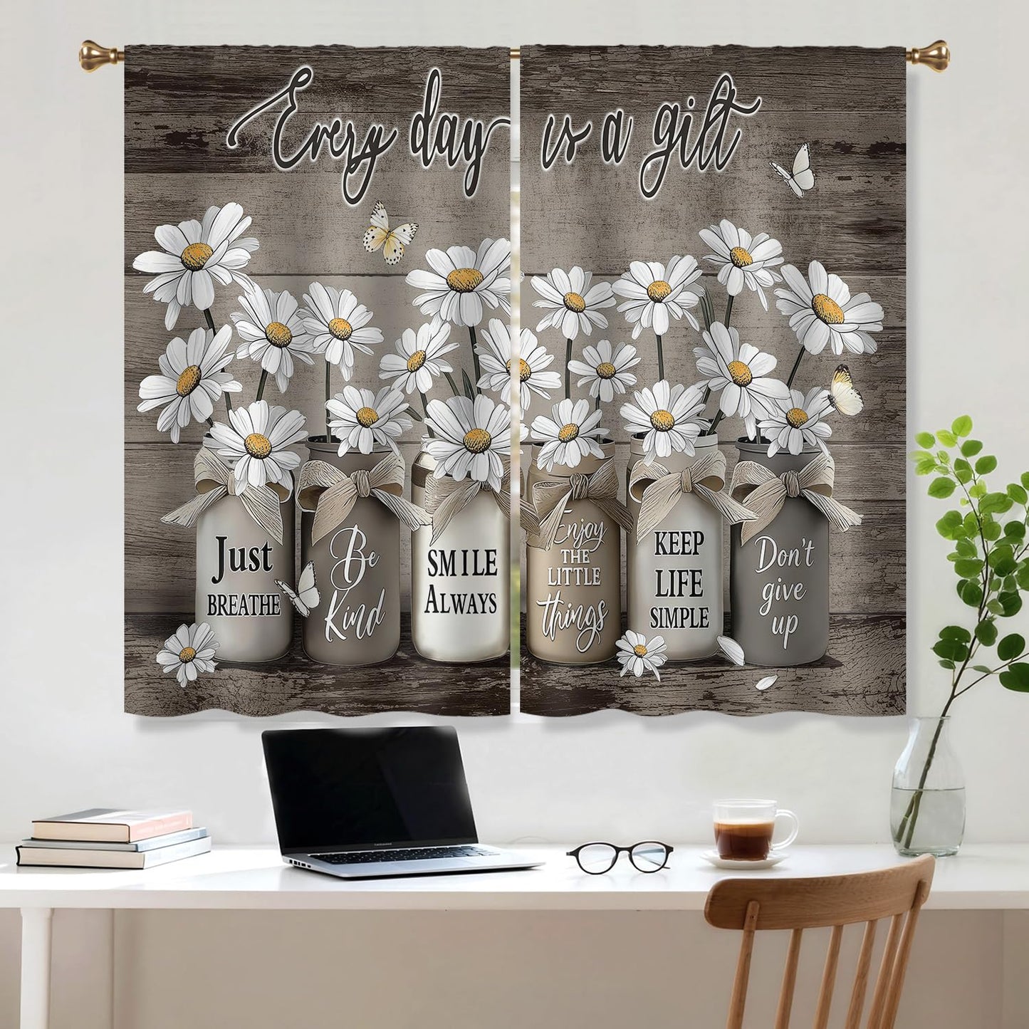 Cizuug Farmhouse Vintage Daisy Floral Kitchen Curtains Rustic Flower Inspirational Small Short Cafe Window Curtains Wooden Country Quotes Bathroom Living Room Bedroom Drapes Treatment(27.5x39 Inch)