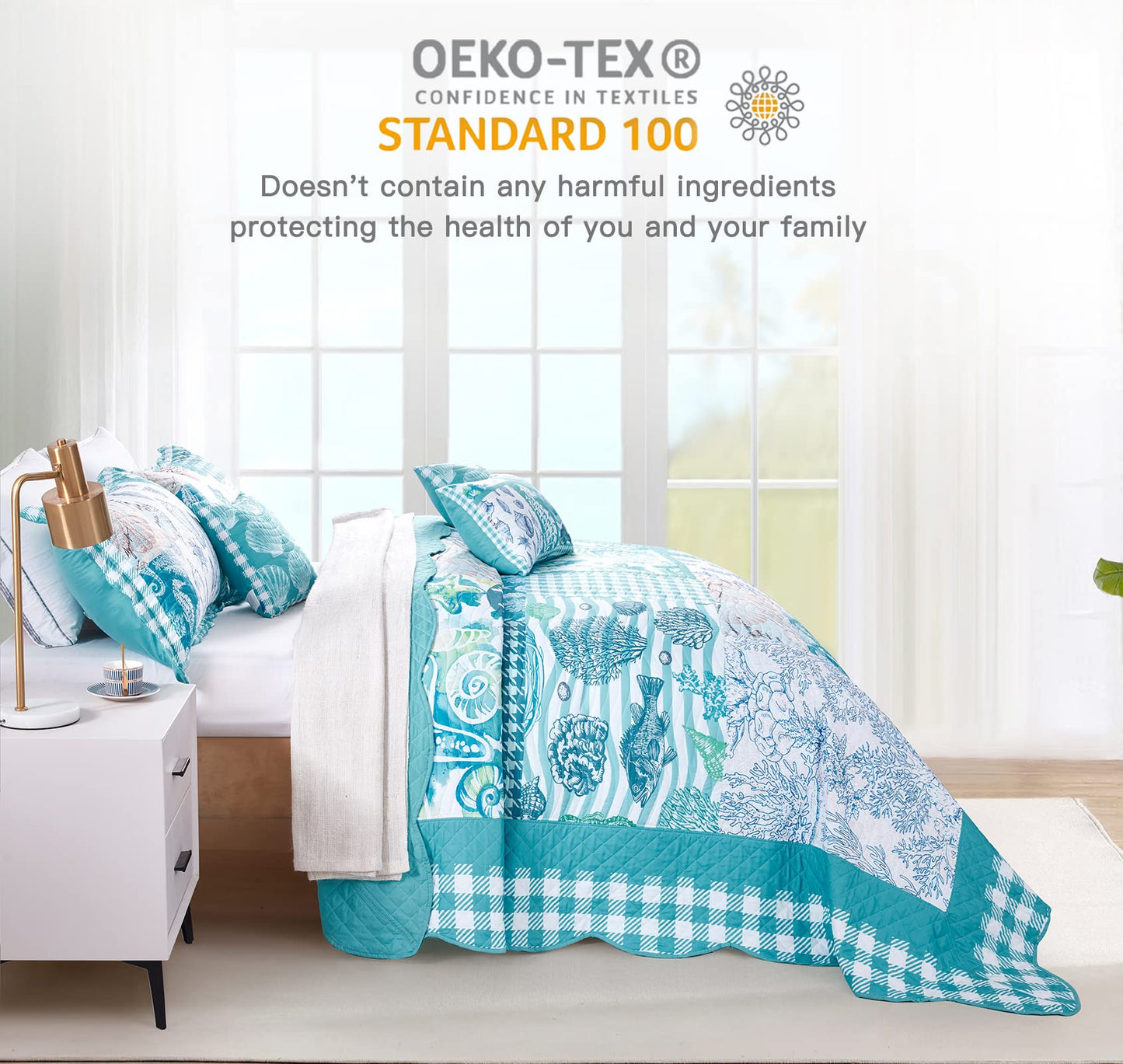 HZ & HY Coastal Oversized King Bedspread 128x120 Extra Wide, Reversible Beach Pattern Quilt Set King/Cal King, Lightweight Coverlet, Scalloped Edge - Nautical Coastal Look, 6 Piece, Seahorse