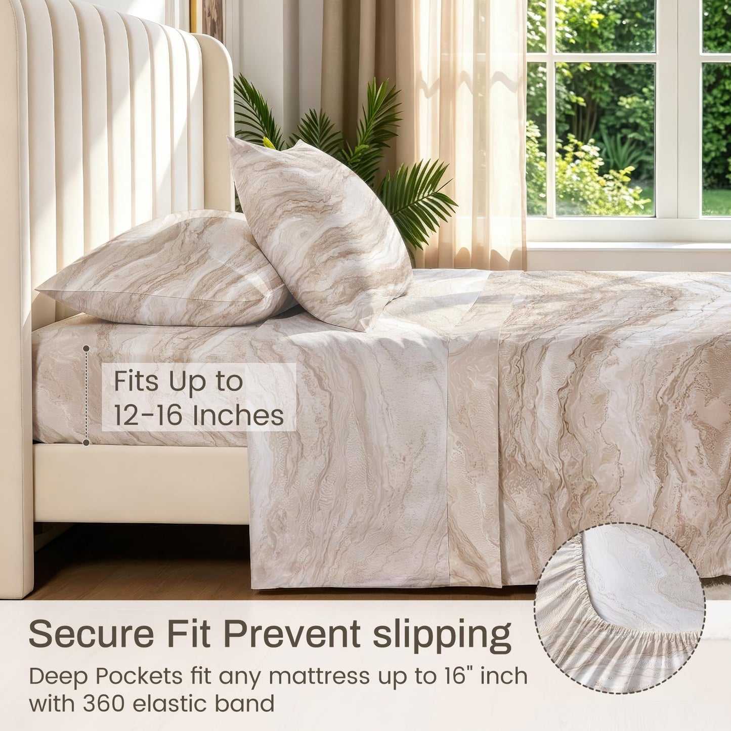 Marble Sheet Set, 4 Pcs Full Size Modern Bed Sheets, Beige