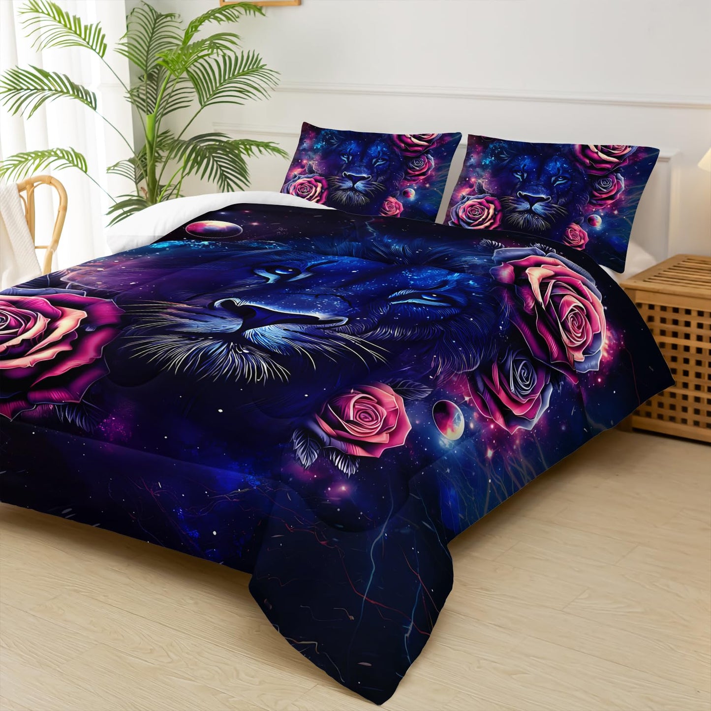 lneffble Black and Red Galaxy Roses Lion Comforter Set Full Size，Full Size Bedding Set Animal Print，Jungle Animal Bedroom Decor，with 1 Comforter with 2 Pillow Case