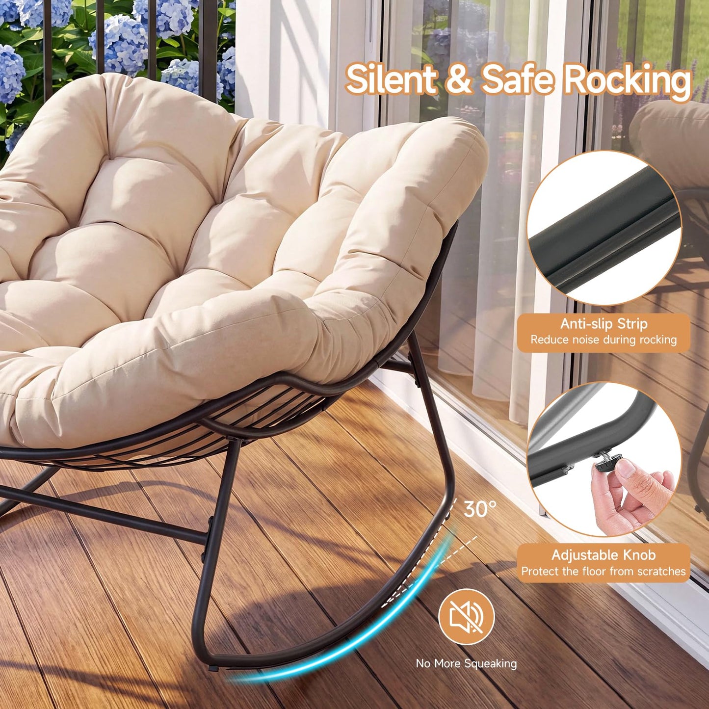 Dovov Outdoor Papasan Rocking Chair, Oversized Rocking Chair with Thickened Cushion, 450 lbs Heavy Duty Comfy Patio Egg Chair, Oversized Outdoor Rocker Chair for Porch Garden Balcony Indoor, Beige