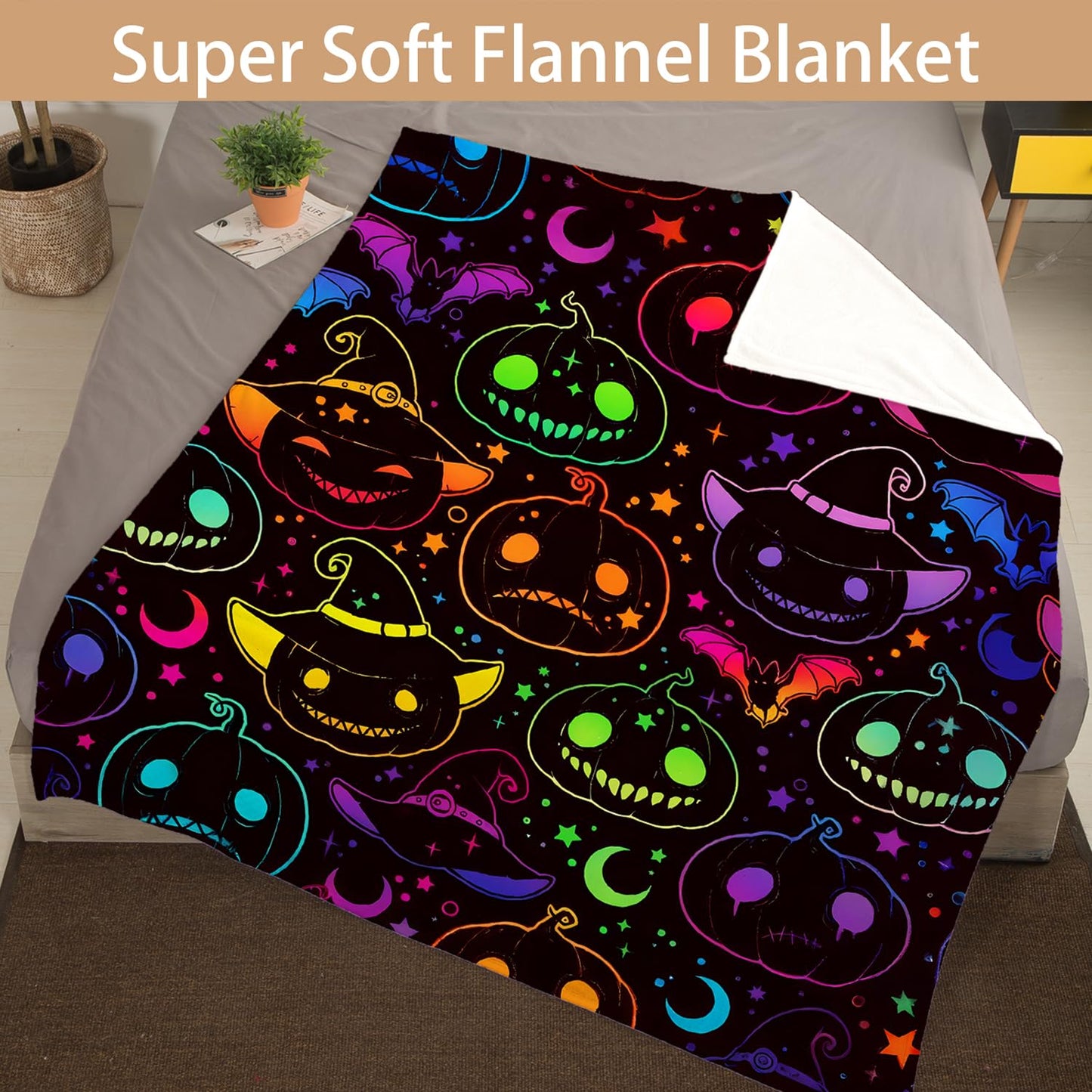 HOSIMA Halloween Blanket,Different Pumpkin Heads Print Warm Cozy Flannel Fleece Blanket for Boys Girls Couch Bedroom Decor,Fun Halloween Pumpkin Decorations,59L*47W.