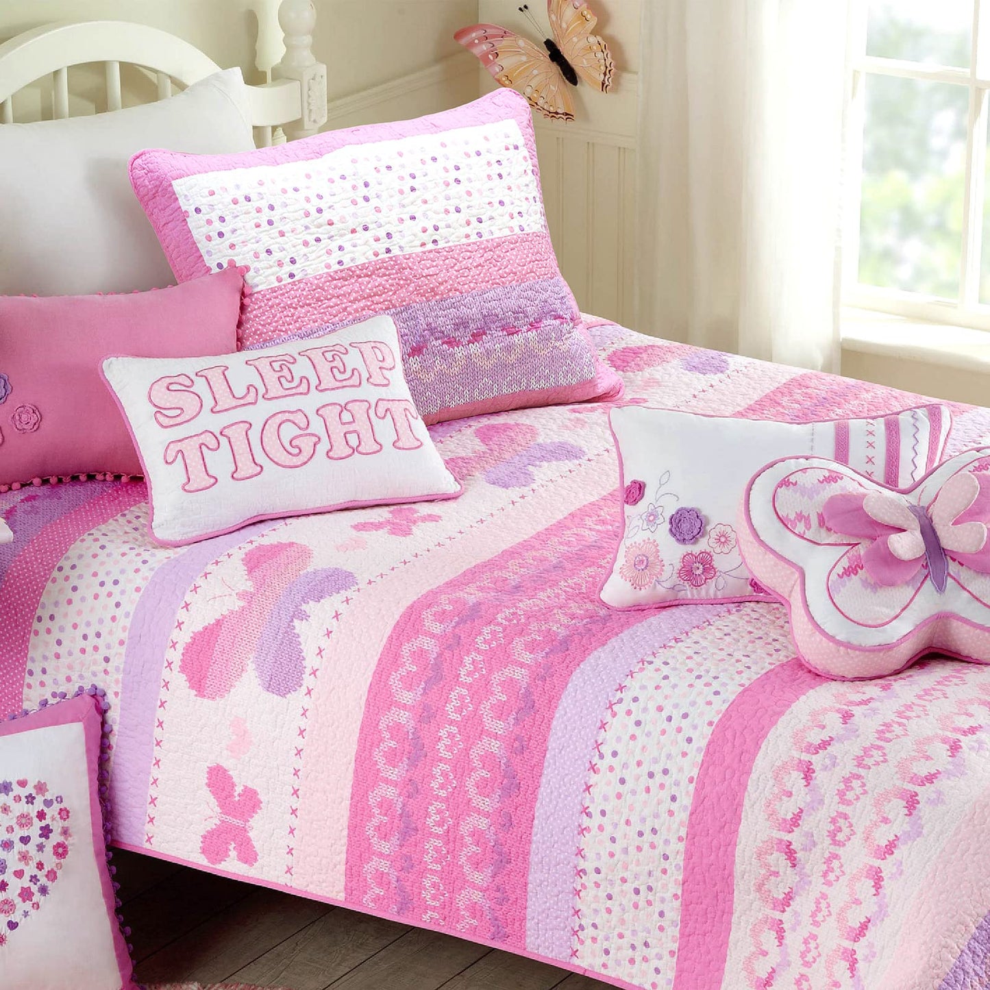 Cozy Line Home Fashions Cute Pink Butterfly Stripe Hearts 100% Cotton Soft Bedding Quilt Set, Coverlet, Bedspread (Queen - 3 Piece)