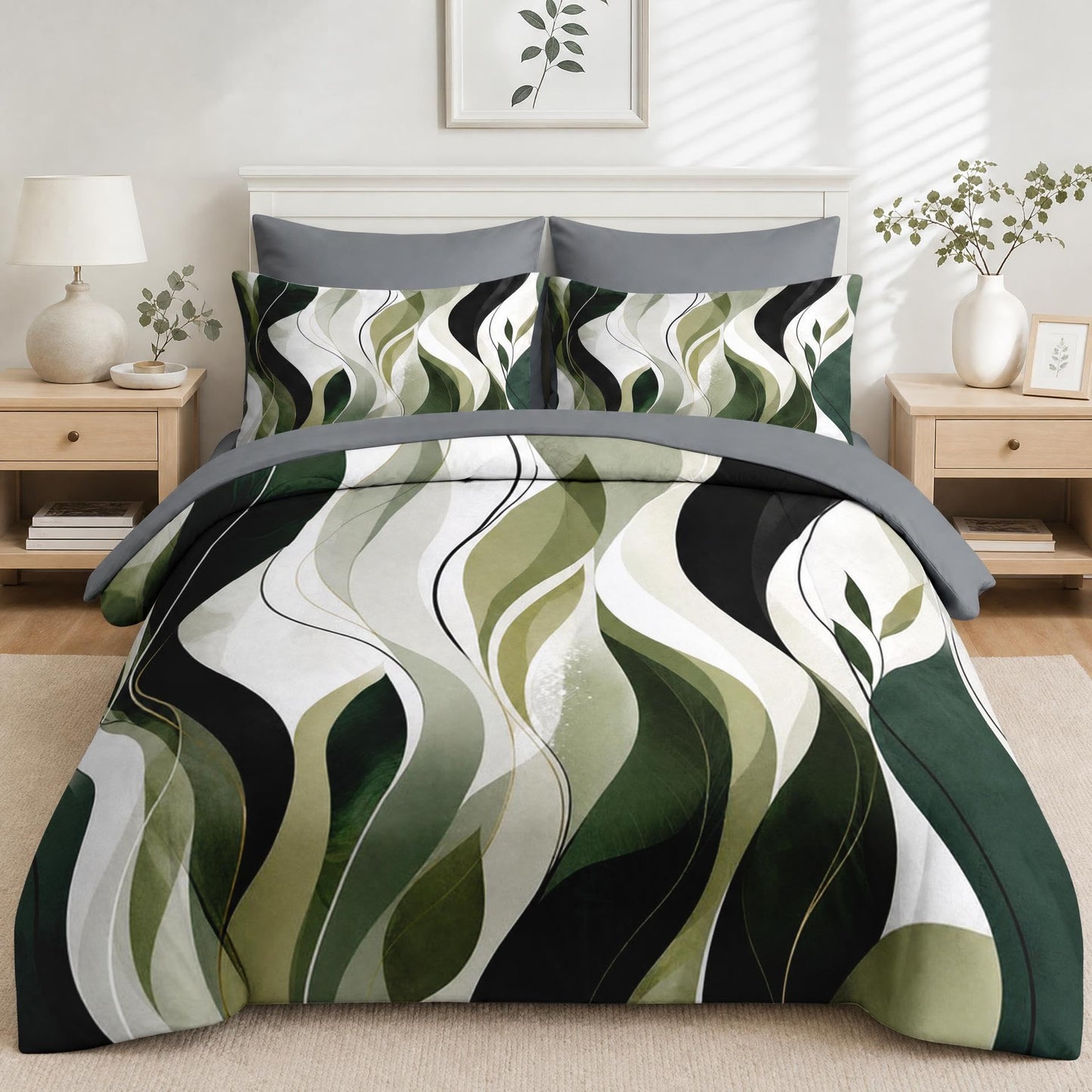 Boewywh Comforter Set Twin Size Abstract Botanical Sage 7 Pcs, Bedding for Kids and Adults, Modern Leaf Bed Sheet Sets with Fitted Sheet 2 Pillowcases & 2 Shams for Bedroom Bed Decor