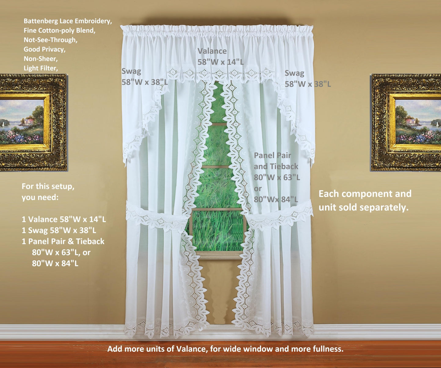 Today's Curtain, Heirloom Battenberg Eyelet Valance 14", White, 58" W x 14" L