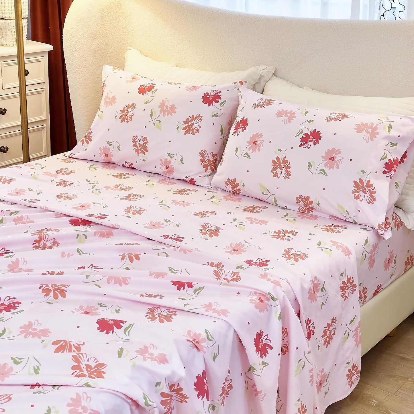 MICORAL Boho Floral Queen Sheet Set, 4-Piece Printed Botanical Bed Sheets, 16" Deep Pocket, Ultra Soft & Cooling Sheet, Oeko-TEX Certified, Pink Floral