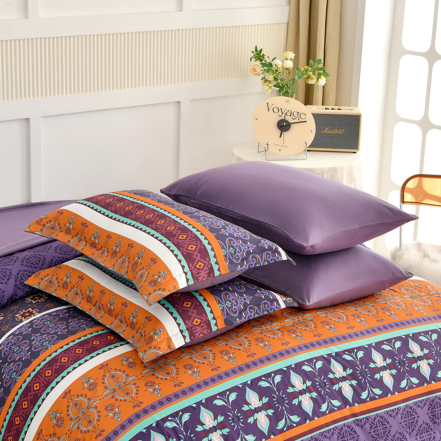WONGS BEDDING Boho Comforter Set Queen Size,7 Pieces Bohemian Comforter Bedding Set Bed in a Bag,Purple Paisley Floral Comfortet with Sheet Set,Soft Microfiber Striped Bedding Sets for All Season