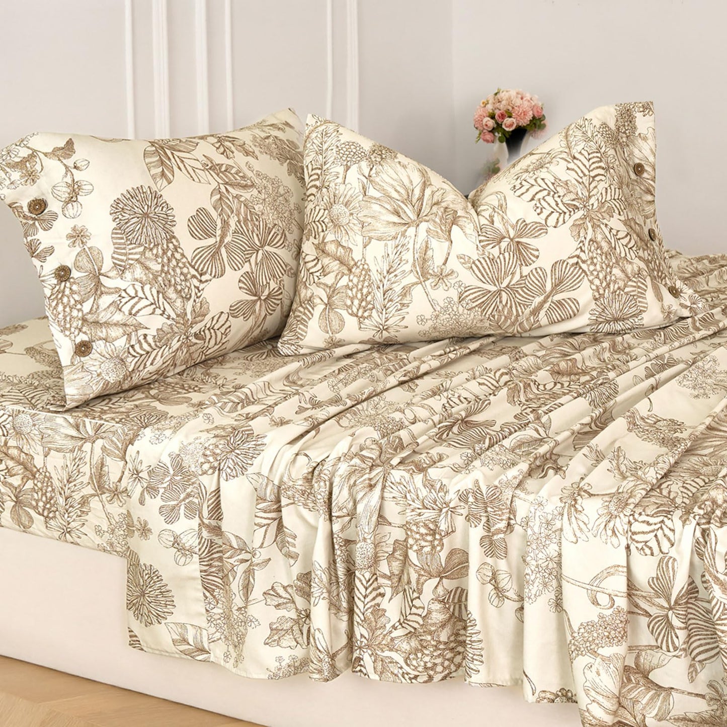 Zusbest Beige Queen Sheet Set 400TC 100% Cotton Flannel-Like Warm Luxury Brown Toile Floral Bed Sheets 4Pc Deep Pocket 17.5‘', Botton Pillowcases Double Brushed Extra Soft Breathable, French Country