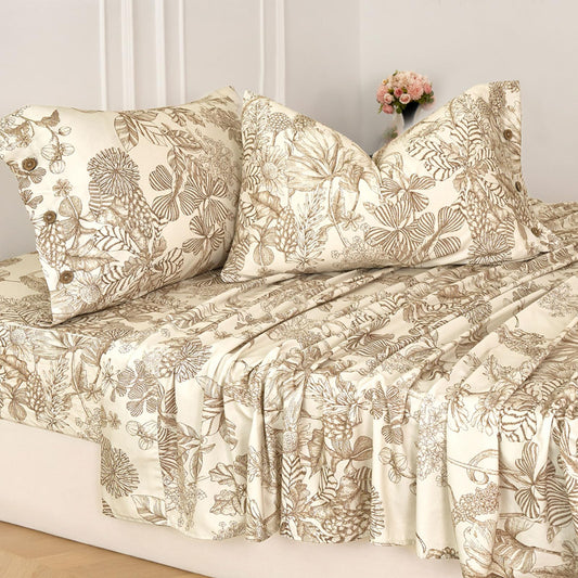Zusbest Beige Queen Sheet Set 400TC 100% Cotton Flannel-Like Warm Luxury Brown Toile Floral Bed Sheets 4Pc Deep Pocket 17.5‘', Botton Pillowcases Double Brushed Extra Soft Breathable, French Country