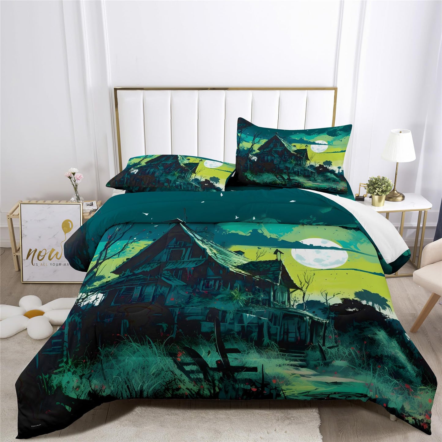 Halloween Ghost Haunted House Prints Comforter Set | Horror Festive Night Spooky Manor Design Bedding Set | with Soft Comforter+2 Pillow Shams(3PCS) or Sheet (4PCS) (B,Full-4PCS)