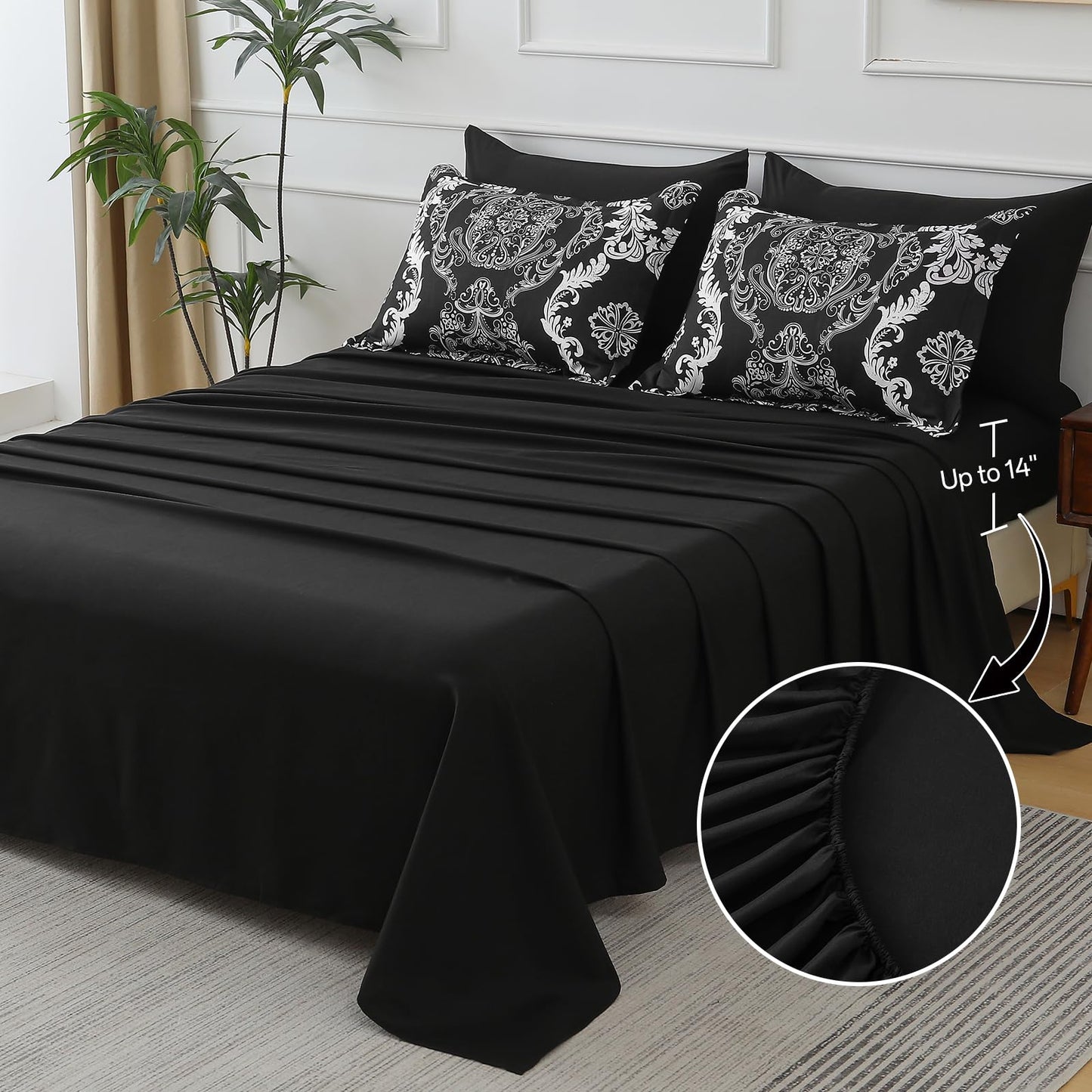 WONGS BEDDING 7 Pieces Comforter Set Queen Size, Black White Texture Bedding Set for All Season, Damask Soft and Breathable Bed in a Bag with Comforter, Flat Sheet, Fitted Sheet, Pillowcases & Shams
