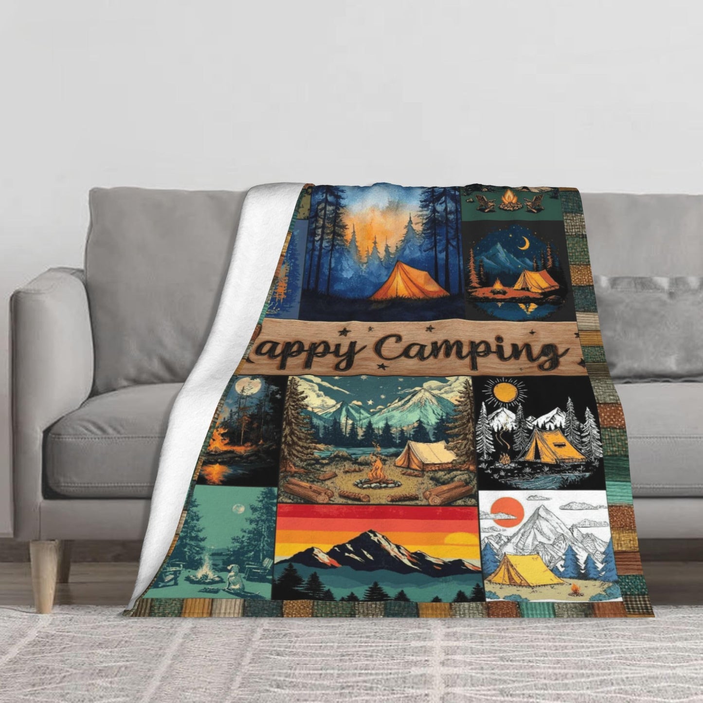 Happy Camping Flannel Throw Blanket Soft Cozy Blanket for Living Room Couch Sofa Bed 50 x 60 Inches