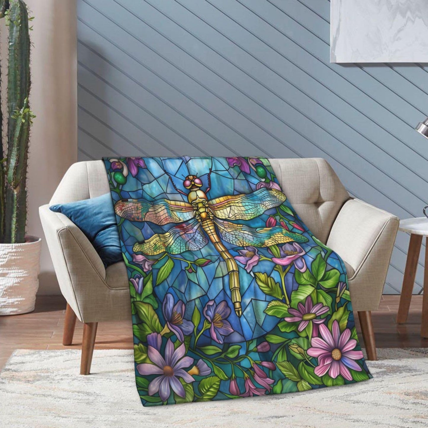 Generic Stained Glass Dragonfly Throw Blanket, Floral Dragonfly Themed, Soft Cozy Lightweight Plush, 50x60in