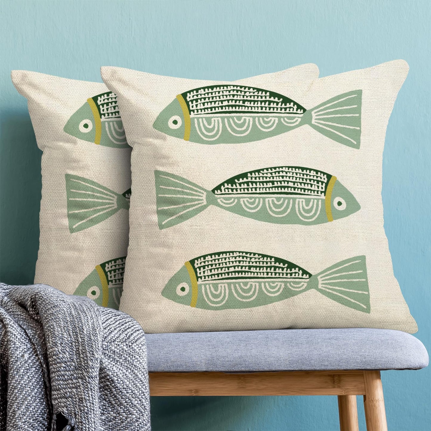 OFIRD Coastal Pillow Covers 18 x 18 Inch Set of 2,Ocean Beach Green Fish Throw Pillows Summer Nautical Outdoor Decorative Pillow Cases Square Farmhouse Cushion Case for Couch Sofa Decoration