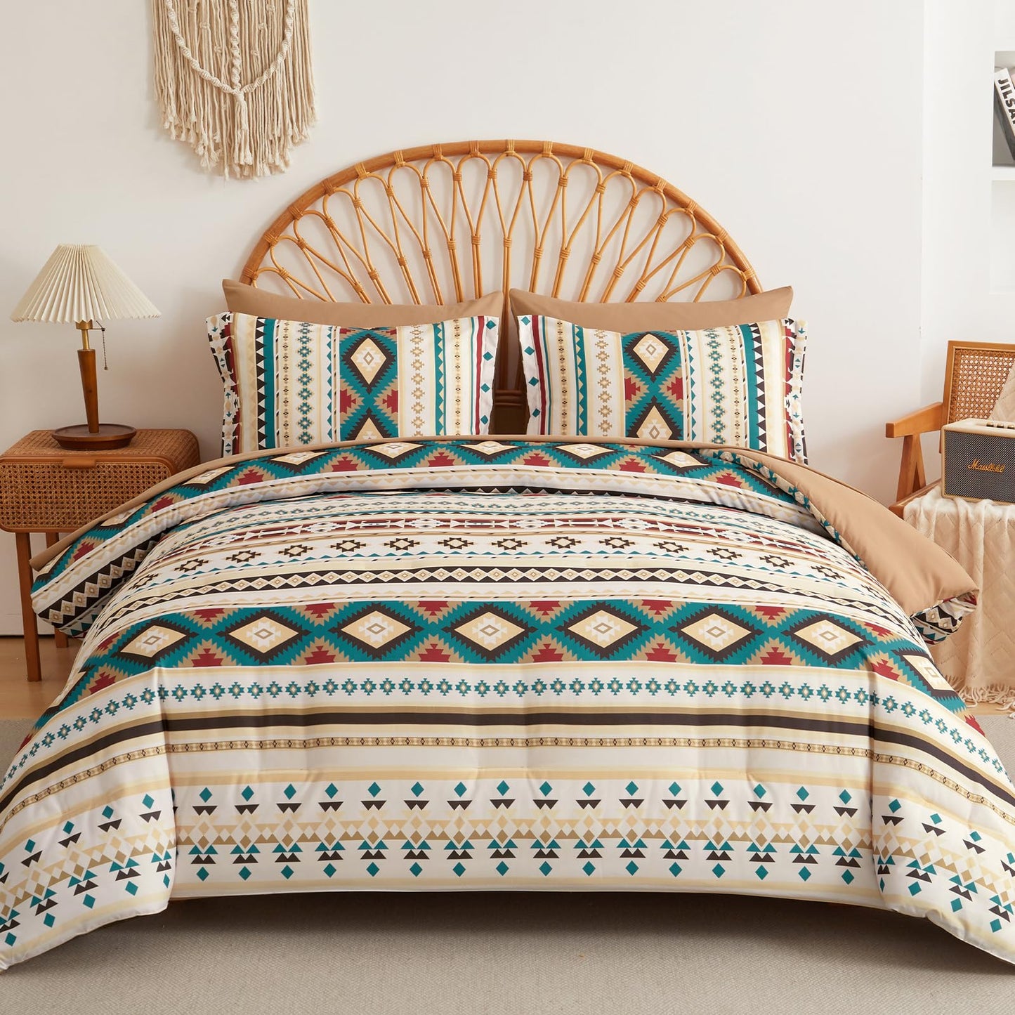 Dinjoy Queen Size Comforter Set Beige, 7 Pieces Boho Aztec Bed in a Bag Lightght Comforters Bedding Set with Sheets & Pillow Shams, Bohemian Geometric Striped Pattern All-Season