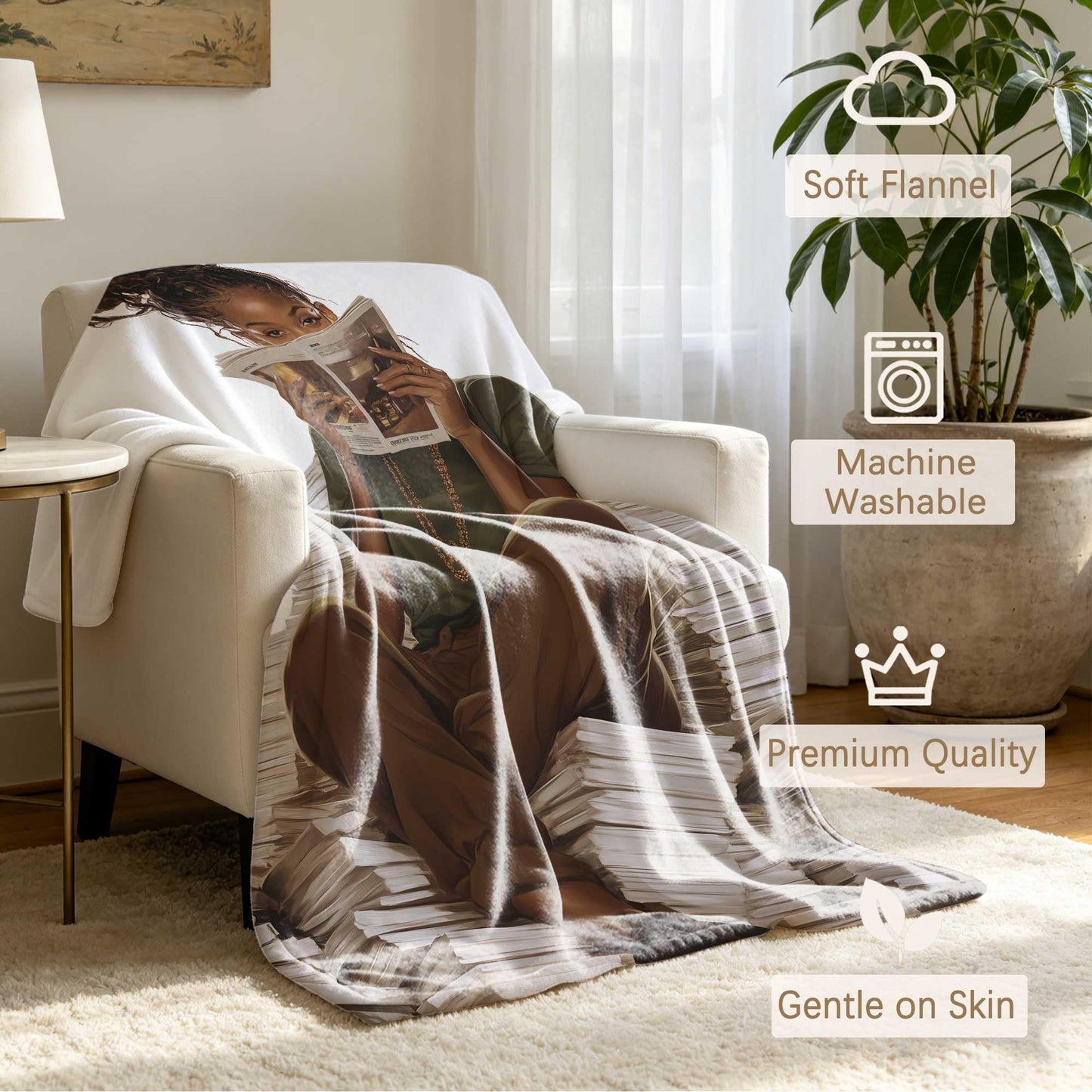 GXYAOYZG Black Woman Reading Blanket African American Throw Blanket Book Lover Throws Cozy Soft Flannel Black Girl Reader Blankets for Couch Sofa Bed Decor Librarian Gift (Reading - 3, 49" x 59")