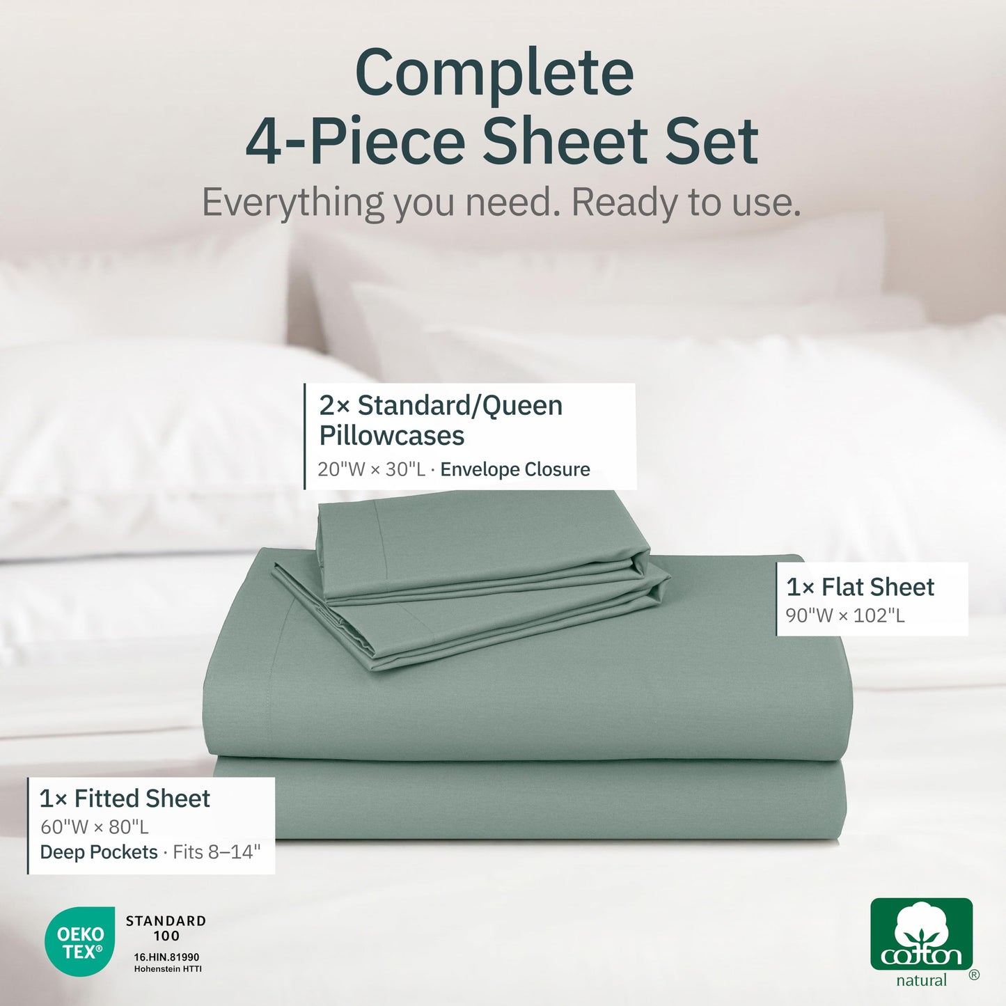 Super Soft Queen 100% Cotton Sheet Set - 4 Pcs - Durable Sheets, Deep Pockets, Easy Fit, Lightweight & Breathable, Suitable For Hot Sleepers & All Seasons, Minimal Wrinkles - Sage Green