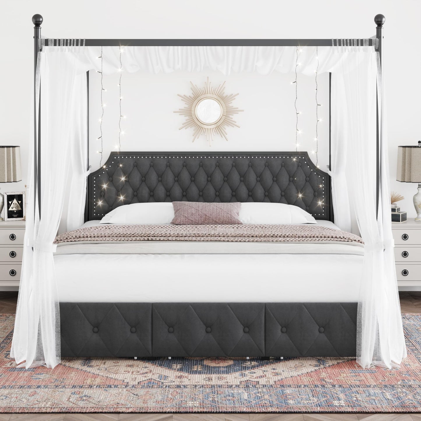 Keyluv King Upholstered Canopy Bed Frame with 3 Storage Drawers & Button Tufted Headboard, Metal Platform Bed with 4 Removable Posts, Two-Purpose Velvet Bed, Dark Grey/Curtain Not Included