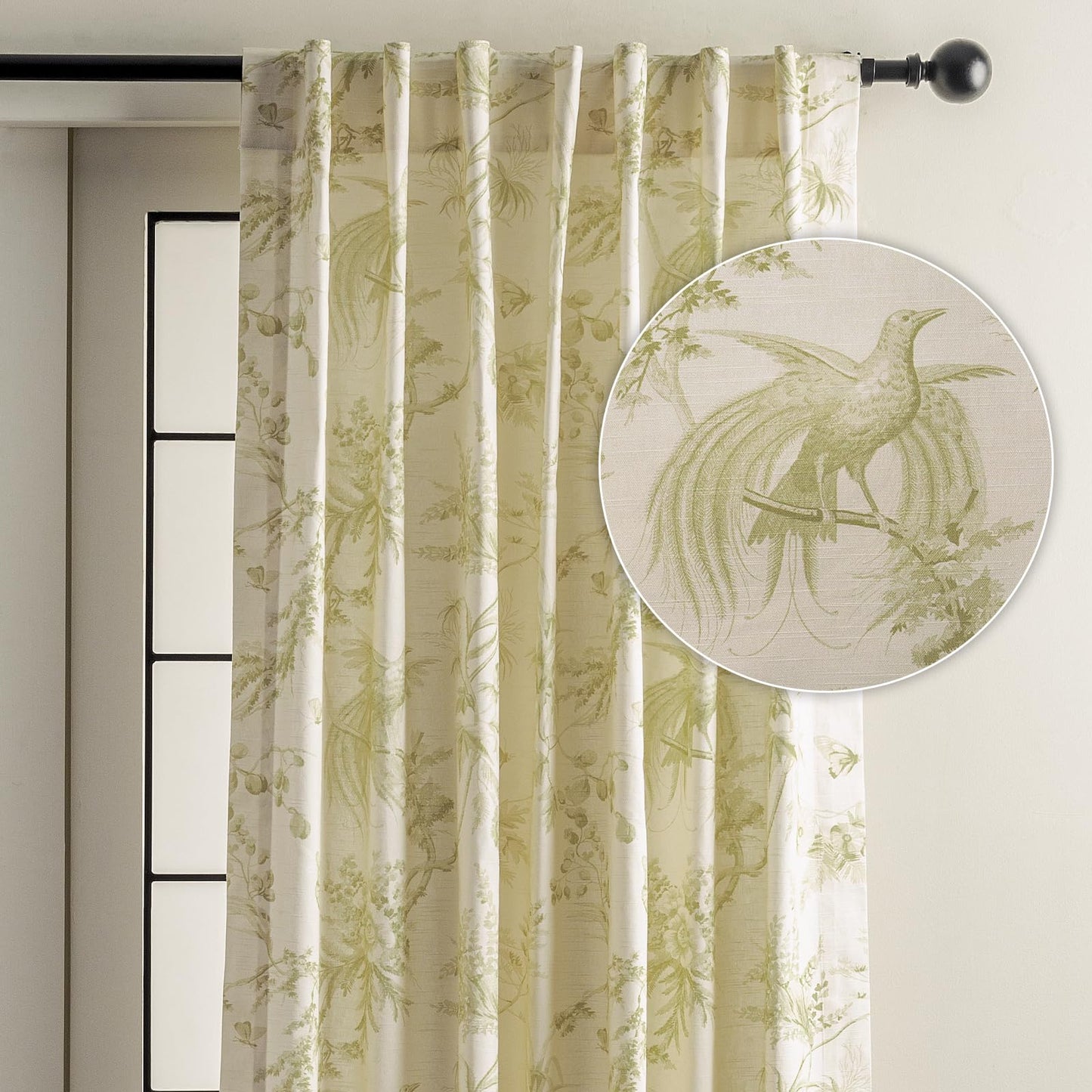 Maison d' Hermine Curtains for Living Room 100% Cotton 96 inch Length One Panel Light Filtering Toile Curtains for Bedroom Windows with Rod and Loop Pockets Drapes (Paradise Sage, 50" W x 96" L)