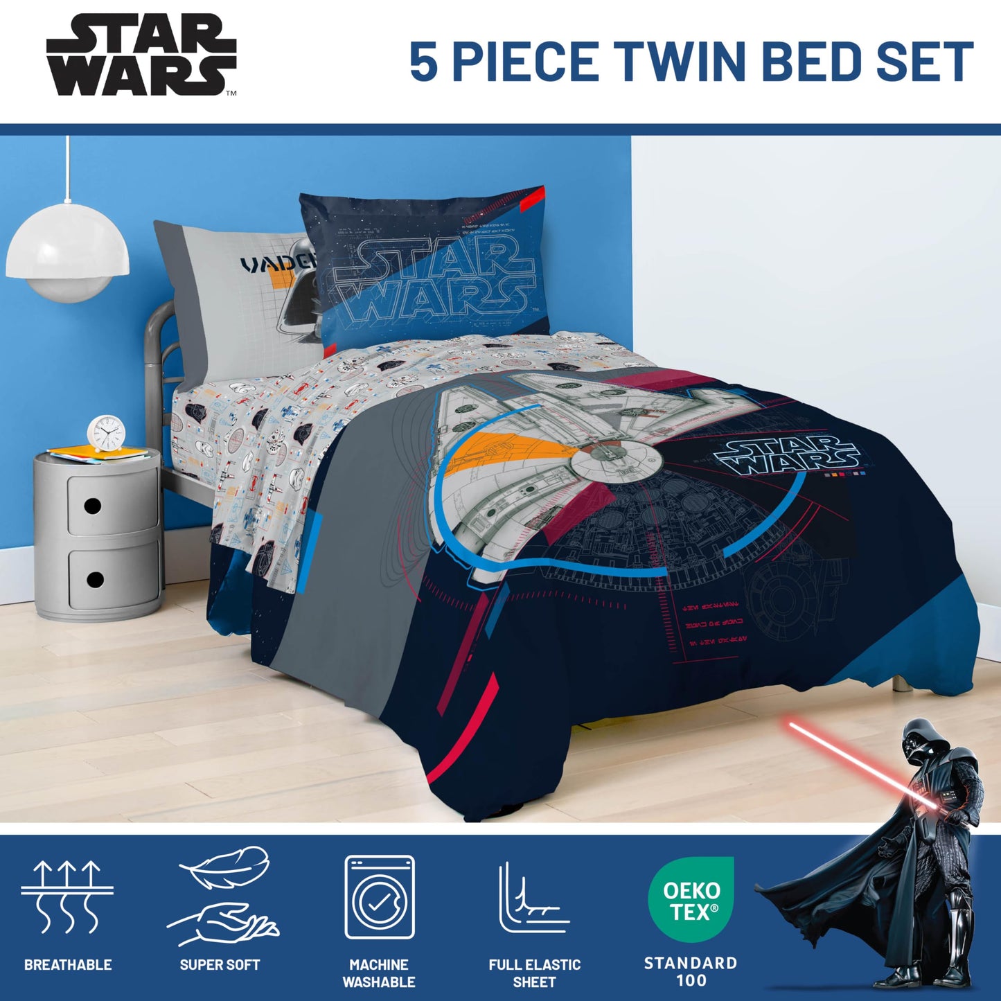 Jay Franco Kids Bed Set, Dark Blue, Star Wars, 5 Piece Twin