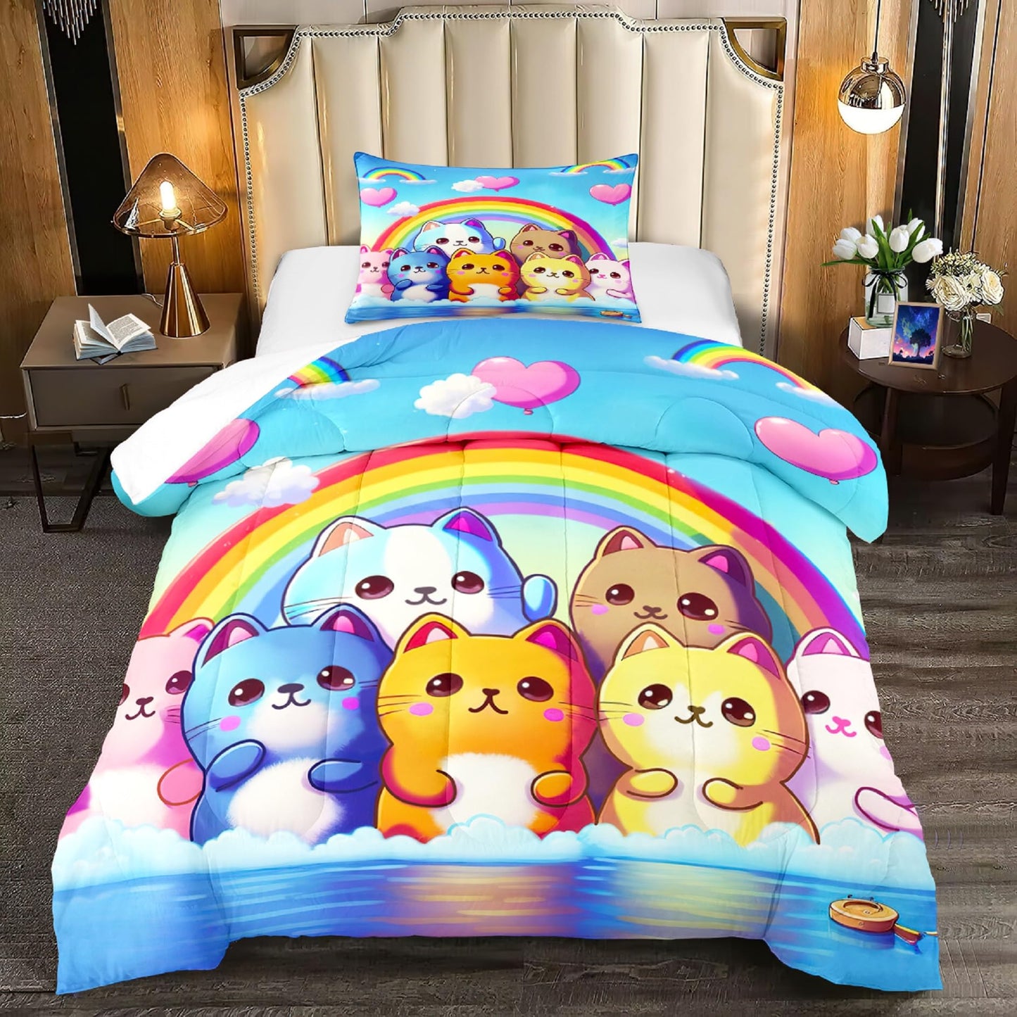 Jiospet Rainbow Cat Comforter Twin Size - Cute Cartoon Bedding for Girls Room, Twin Comforter Set with 1 Comforter + 1 Pillowcase
