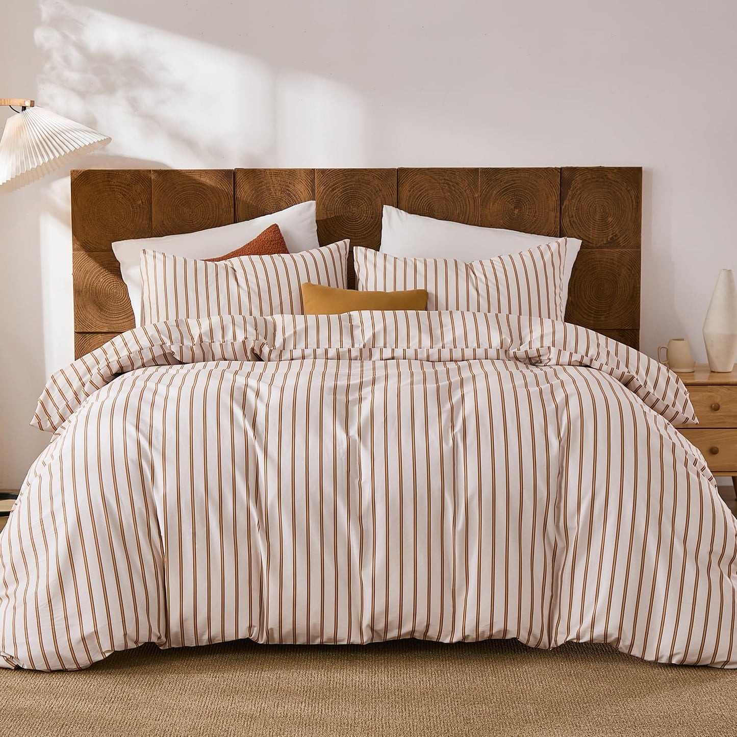 Merryword 100% Cotton Comforter Set King Size - Beige and Terracotta Striped Comforter with 2 Pillowcases, Luxury & Silky Soft Comforter Set for All Seasons