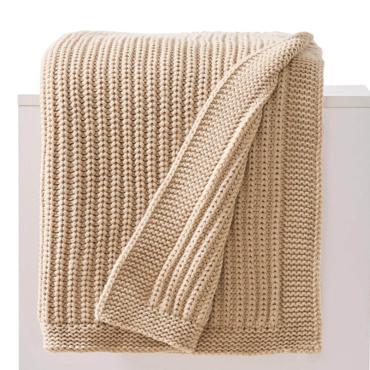 Chunky Knit Beige Throw Blanket for Couch Soft Cozy Thick Cable Knitted Throw for Sofa Bed Cute Decorative Blanket for Living Room,50"x 60",Ginger Beige