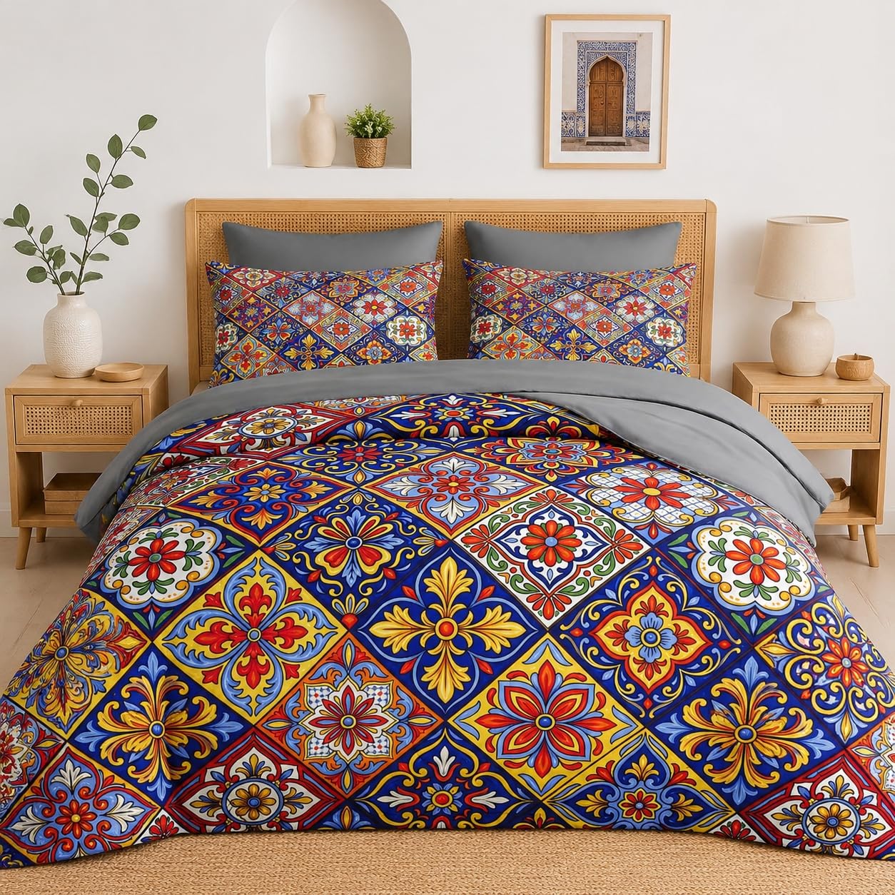 Pamnest Comforter Set Full Size, Mexican Talavera Ceramic 7 Pcs Bedding for Kids and Adults, Italian Spanish Bed Sheet Sets with Fitted Sheet 2 Pillowcases & 2 Shams for Bedroom Bed Decor