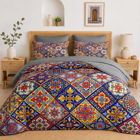 Pamnest Comforter Set Full Size, Mexican Talavera Ceramic 7 Pcs Bedding for Kids and Adults, Italian Spanish Bed Sheet Sets with Fitted Sheet 2 Pillowcases & 2 Shams for Bedroom Bed Decor