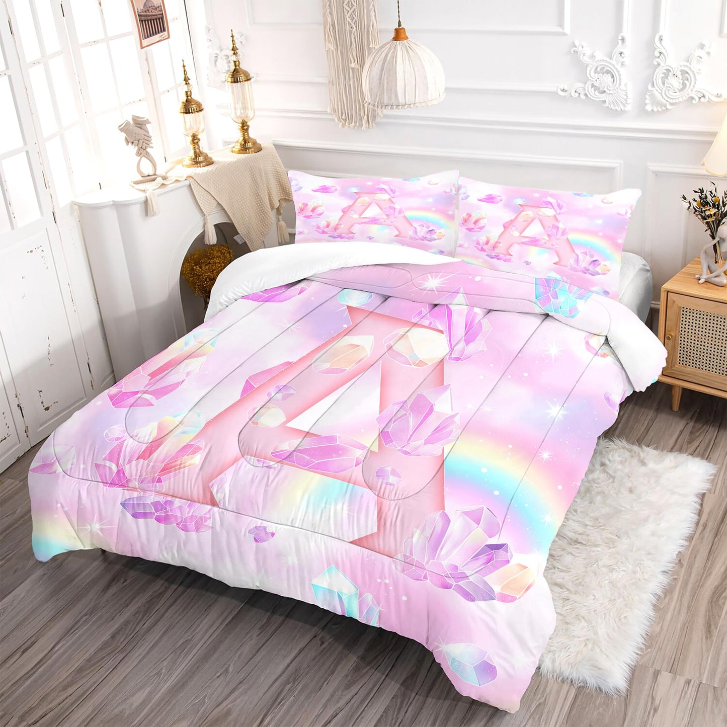 VTKON Pink Crystal Comforter Set for Kids Girls Full Size 3 Piece Initial Letter A Bedding Set Glitter Rainbow Alphabet Bed Sets Sparkle Gemstone Bedroom Decor with 2 Pillow Cases