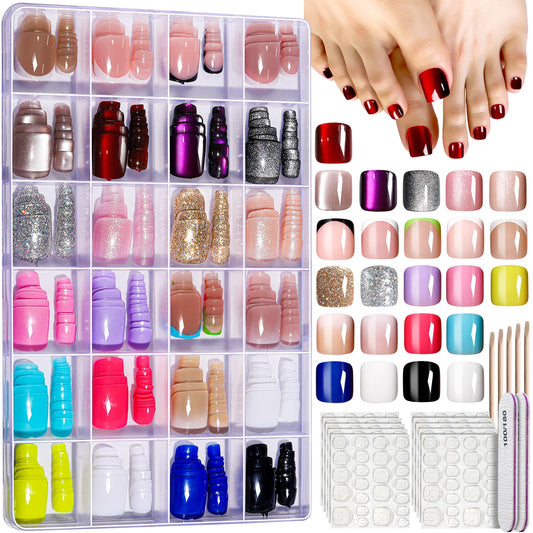 FANDAMEI Press On Toenails - 24 Colors Short Square, French Tips Cat Eye Toe Nail Press Ons for Women & Girls, Red Fake Toe Nails, Ombre Glossy Visual Effect