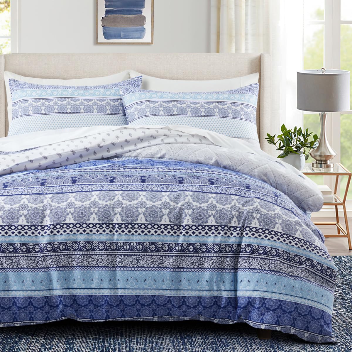 Bed pomu Duvet Cover Set – Soft & Breathable Microfiber Bedding, All Season Comforter Cover with Zipper Closure & Corner Ties, 3 Piece Set (Queen (U.S. Standard), Blue Tribal Stripe)