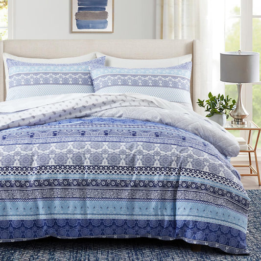 Bed pomu Duvet Cover Set – Soft & Breathable Microfiber Bedding, All Season Comforter Cover with Zipper Closure & Corner Ties, 3 Piece Set (Queen (U.S. Standard), Blue Tribal Stripe)