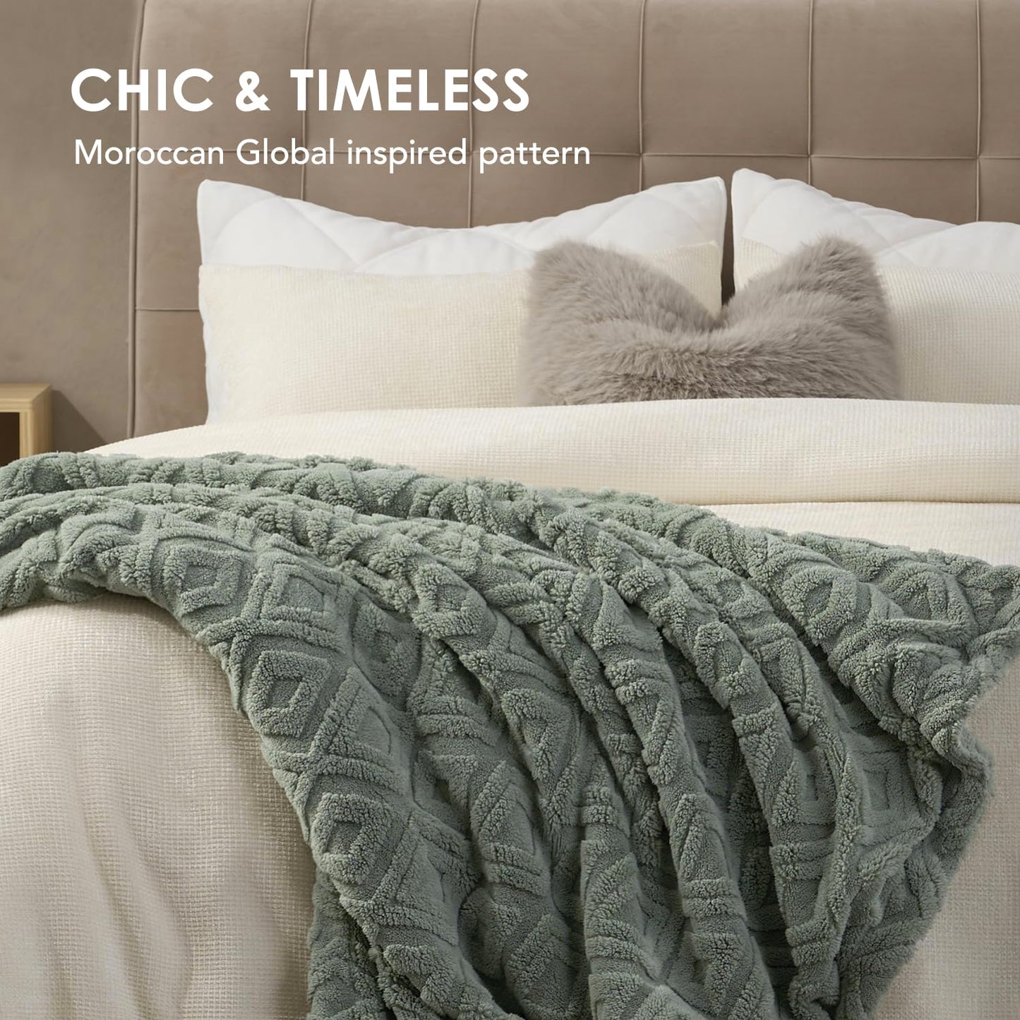 EverGrace Jacquard Boho Sherpa Fleece Throw Blanket for Couch, Super Soft Cozy Fuzzy Plush Blankets for Winter, Reversible Thick Warm Blanket for Bed, Sofa, Living Room, Sage Green, 50" x 60"