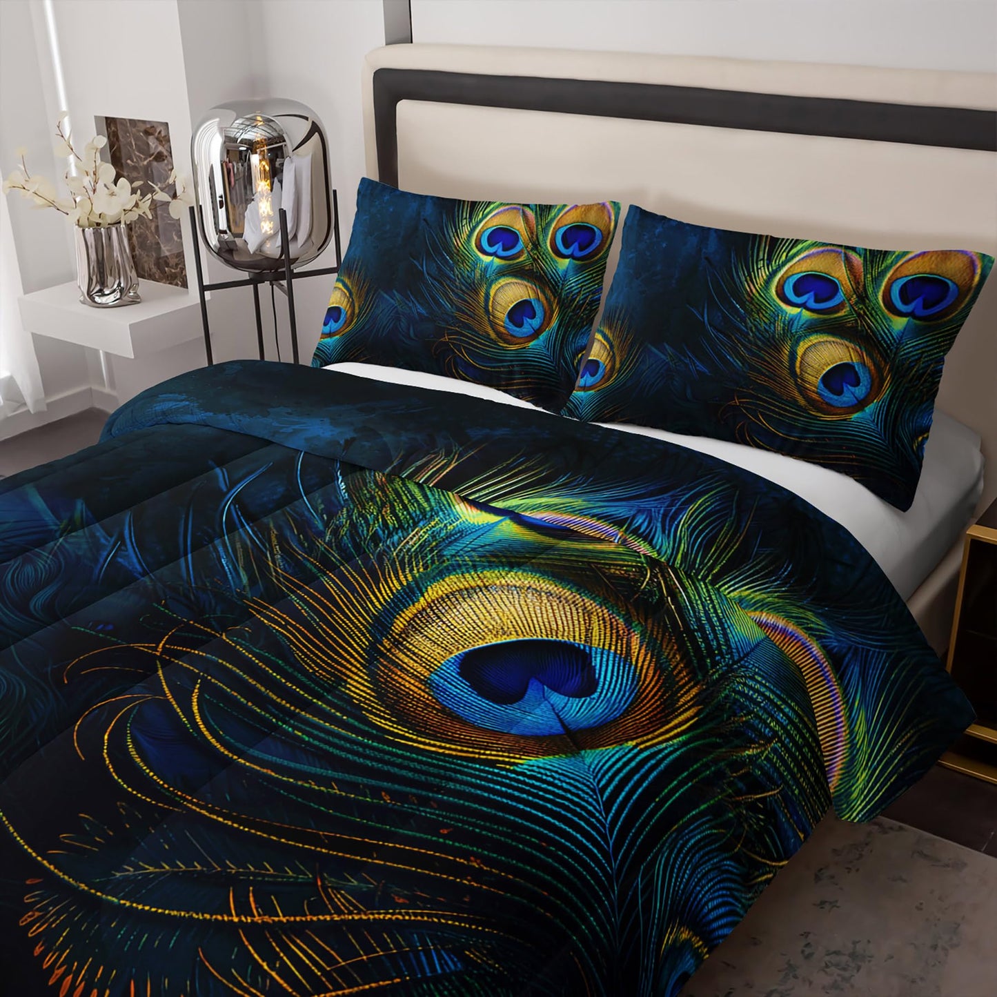 Tuzaovy Peacock Feather Queen Bedding Set - Boho Comforter for Girls, Bohemian Gothic Decor, Western Hippie Animal Print Black