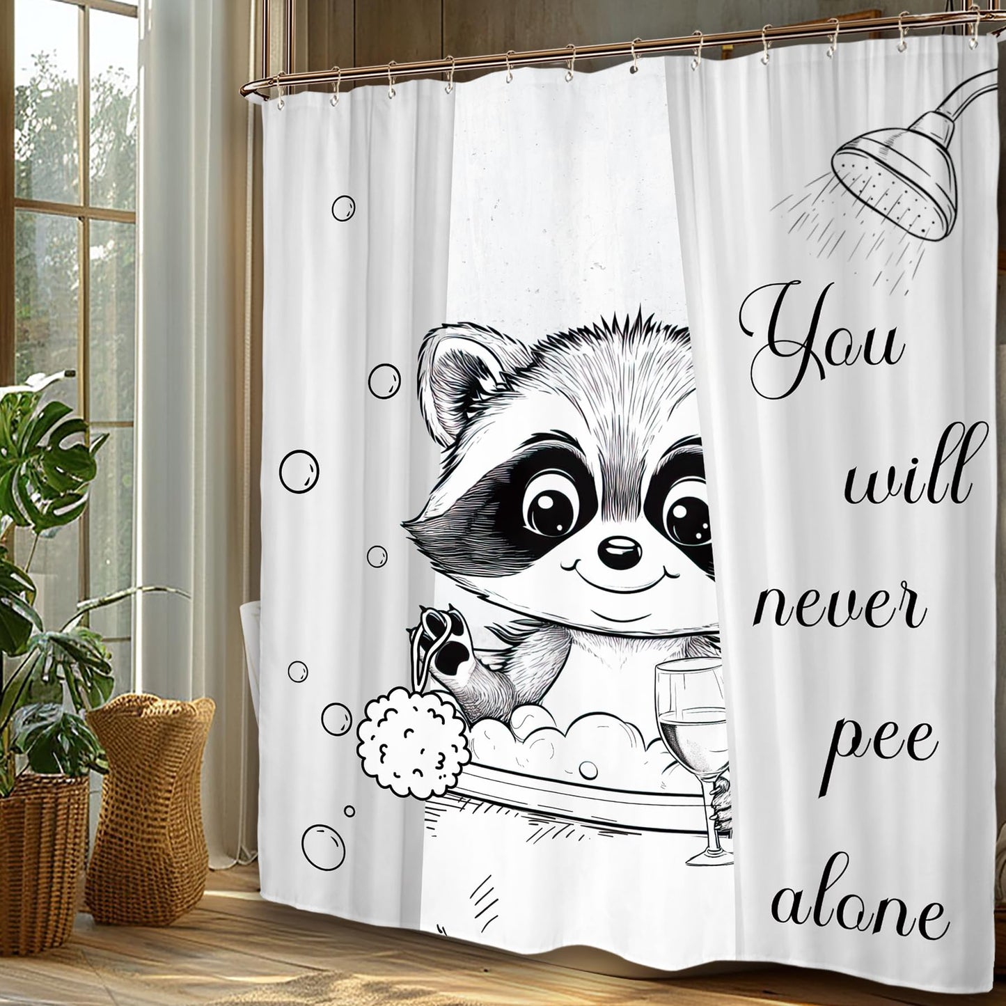 Miyotaa Funny Raccoon Animal Shower Curtain Set 60Wx71H Inches Hilarious Black White Kids Cute Interesting Waterproof Bathroom Curtain with 12 Hooks