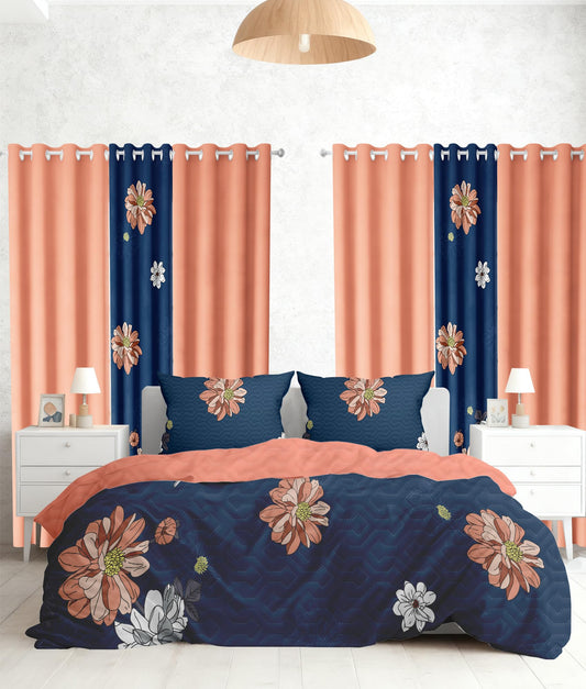 Reylox 9 Pcs King Bed in A Bag with Curtains | Navy/Orange Floral Bedspread, 2 Pillowcases, 2 Print & 4 Solid Curtains | Microfiber, Moisture-Wicking | Bedroom | King Size Comforter Set with Curtains