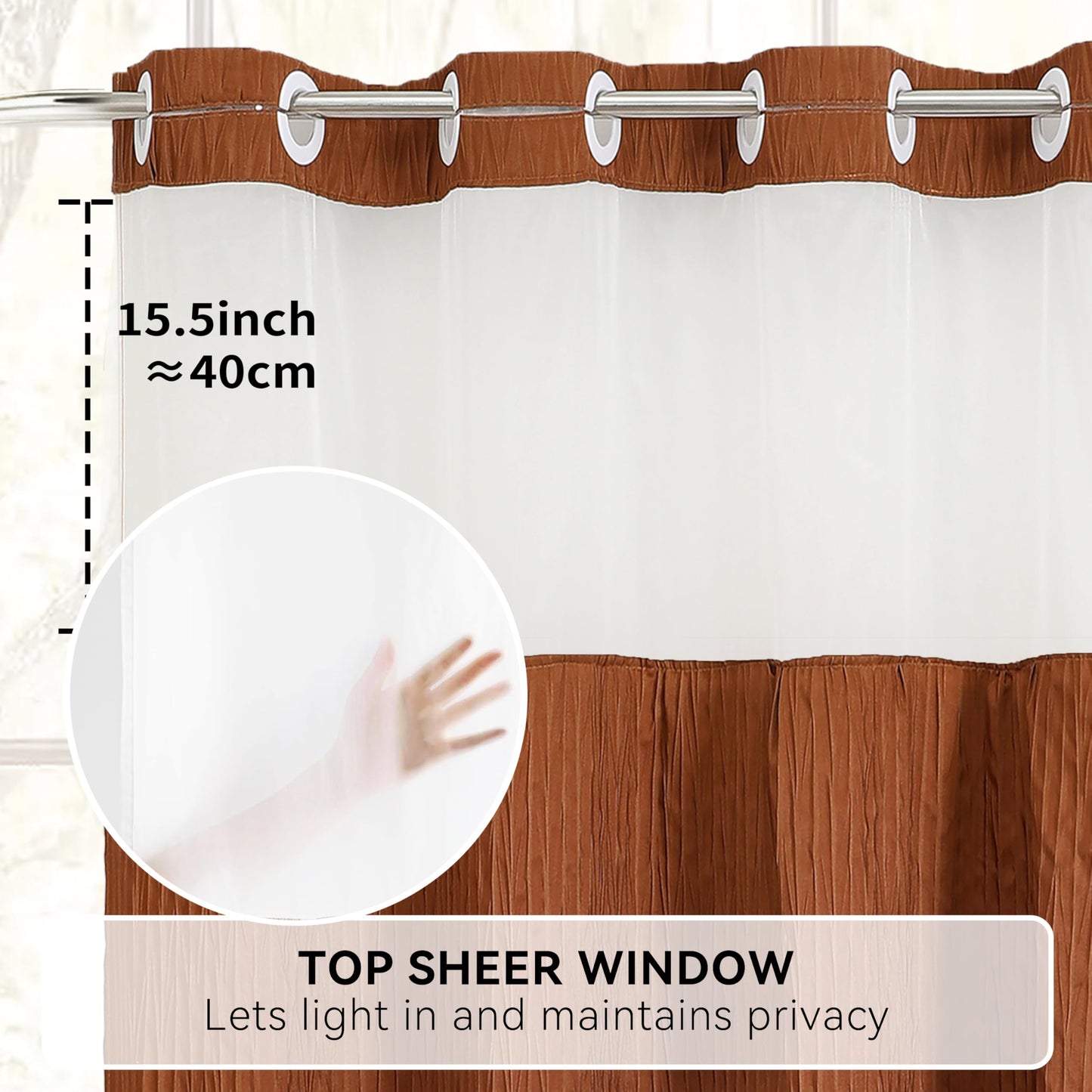 HONCO DIRECT Caramel Ruffle Shower Curtain with Crumpled Texture & Snap -in Liner - No Hooks Required Bathroom Luxury Decor, 72"x72" Waterproof Fabric with Privacy Top Window