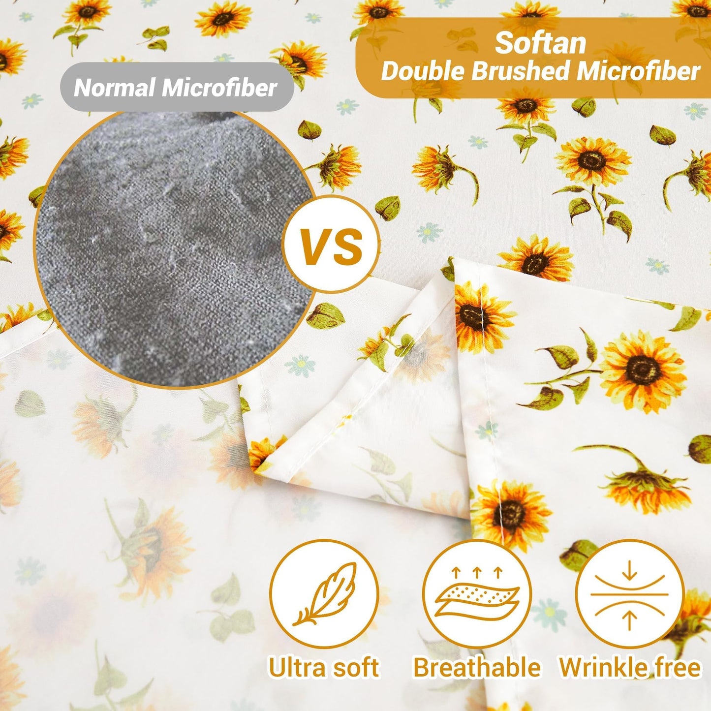 Softan Floral Sheet Set Full, Sunflower Printed Bed Sheets Double, Brushed Microfiber Fitted Sheet with 15" Deep Pocket & Non-Slip Straps, Yellow Flower Pattern Sheet & Pillowcase Sets