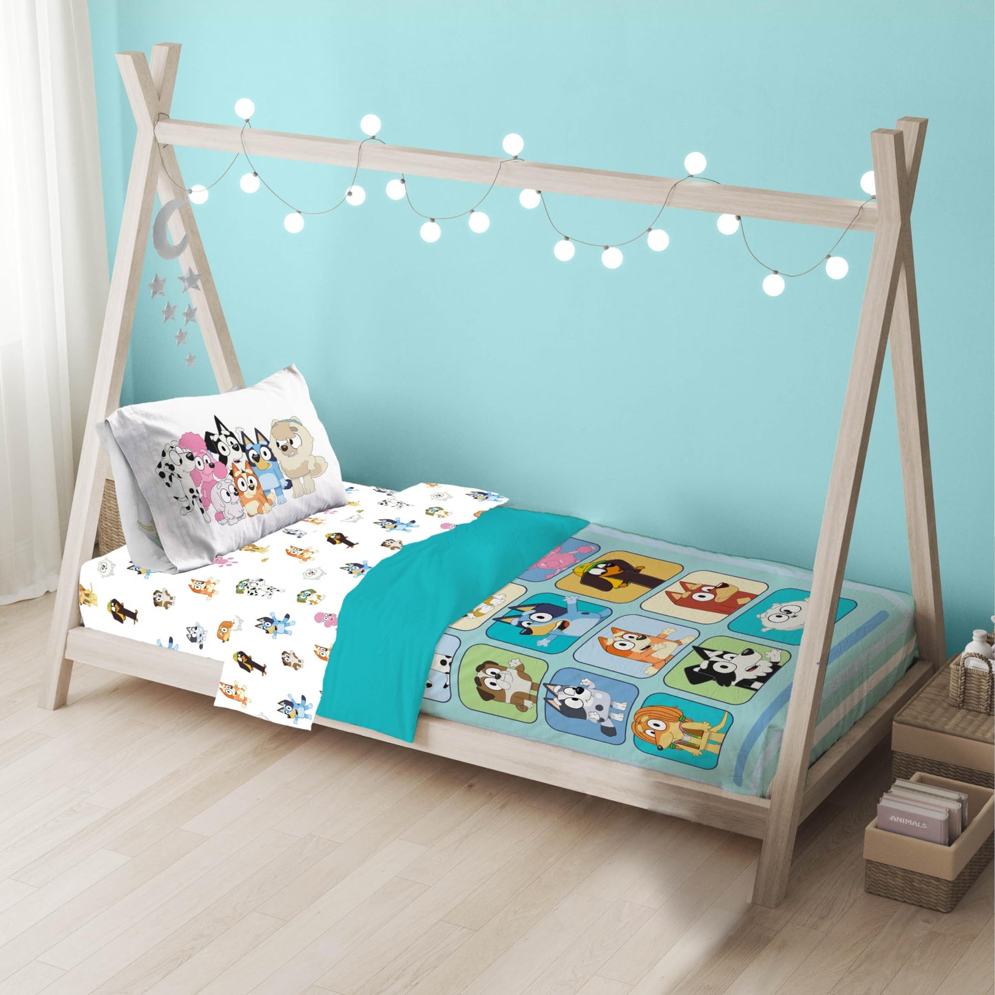 Sunny Side Up Bluey & Friends Toddler Comforter Set - 4 Piece Preschool Bedding Includes Comforter, Sheets & Pillow Cover - Super Soft Microfiber Bed Set