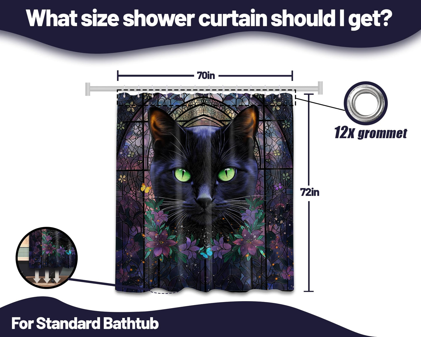 DLTAY Black Cat Witchy Shower Curtain, 70" W x 72" L
