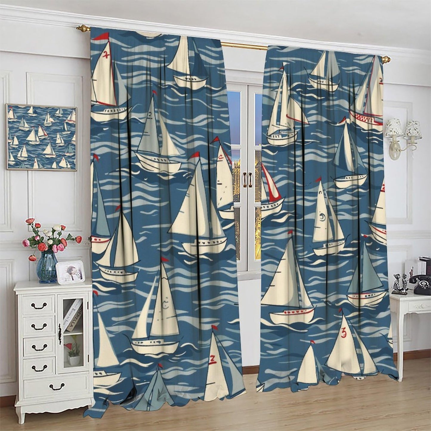TOWINSFB Cartoon Sailboat Blackout Curtains for Living Room Bedroom, Ocean Wave Ship Nautical Illustration Window Curtains Rod Pocket Thermal Insulated Window Drapes, 2 Panels, Each 21" W x 45" L