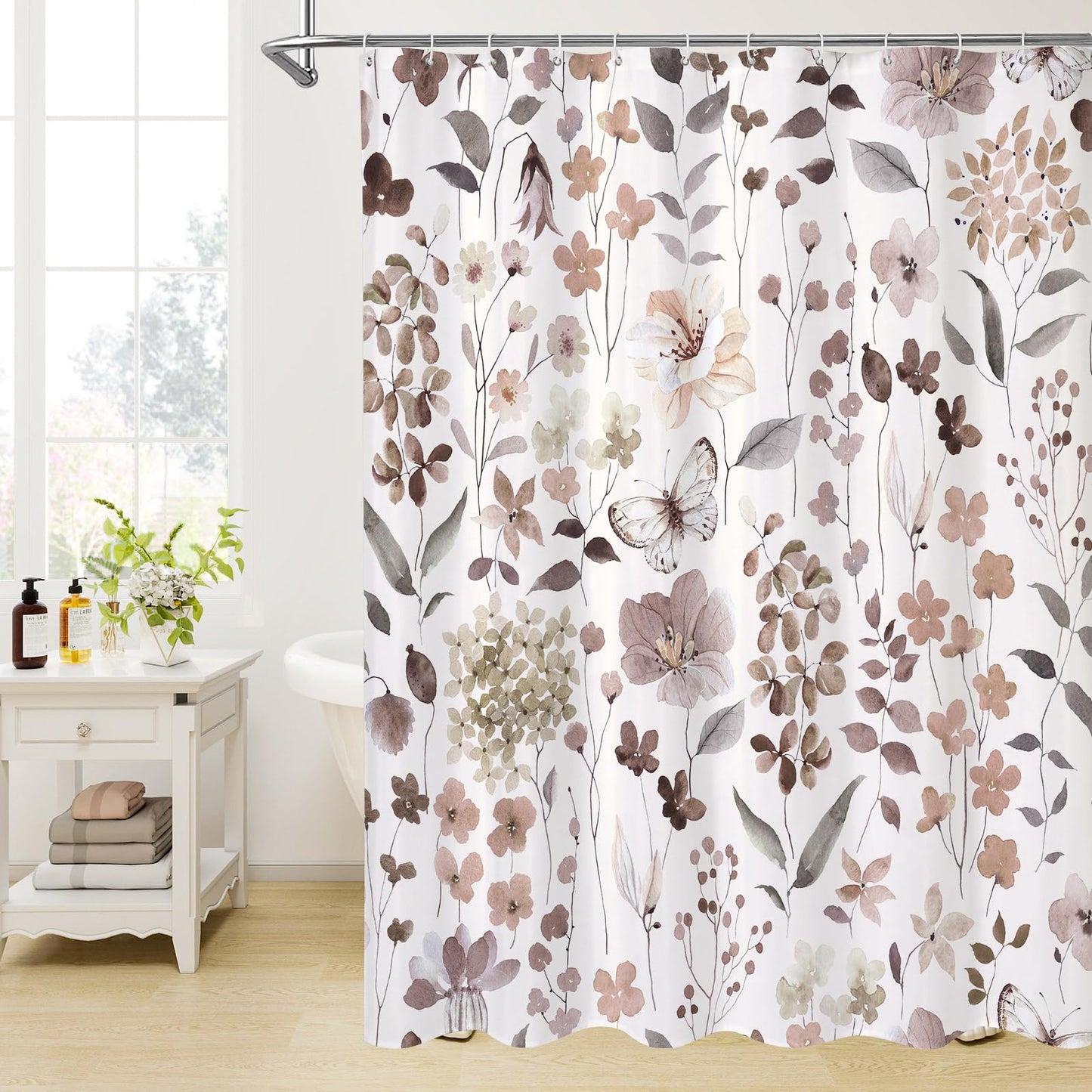 Litabel Extra Long Brown Floral Shower Curtain, Plant Leaves with Flower Shower Curtains for Summer Bathroom Decor, Modern Farmhouse Waterproof Botanical Bathroom Curtain 72x84 Inch
