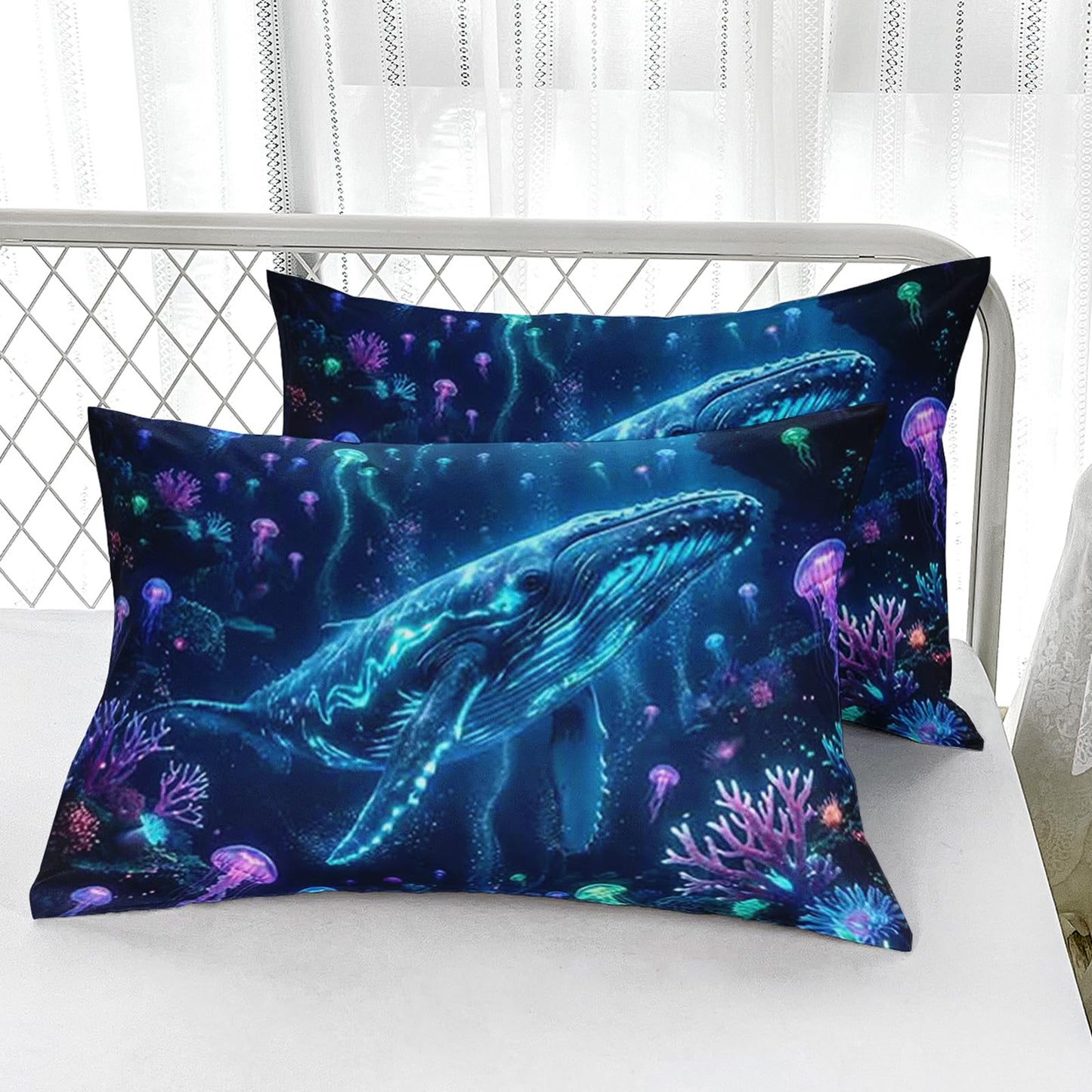 AILONEN Blue Whale Twin Fitted Sheet Set 3 Piece, Jellyfish Reef Pattern with 2 Pillowcases, 16 Inch Deep Pocket, Kids Room