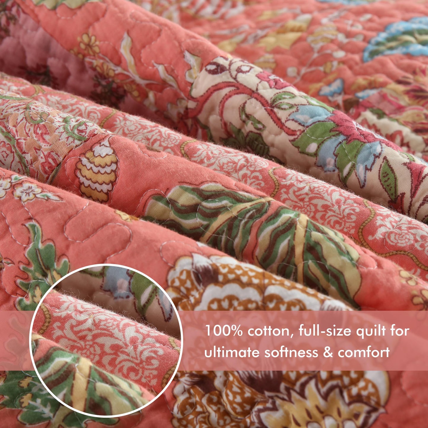 Etwel 100% Cotton Patchwork Queen Size Quilt Set - Lightweight Breathable Reversible Bedspread for Hot Sleepers, Farmhouse Bedding Set with 2 Pillow Shams for All Season (90"x90", Pink Floral)