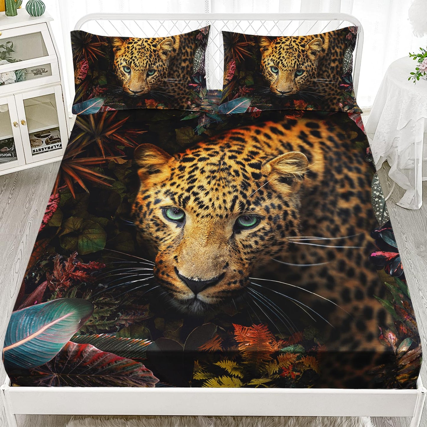 AILONEN Boys Leopard Fitted Sheet Set Twin XL Size, 3D Safari Animal Cheetah Bed Sheet Set,Botanical Leaves Floral Sheet Set 3 Pieces, 1 Fitted Sheet and 2 Pillowcases