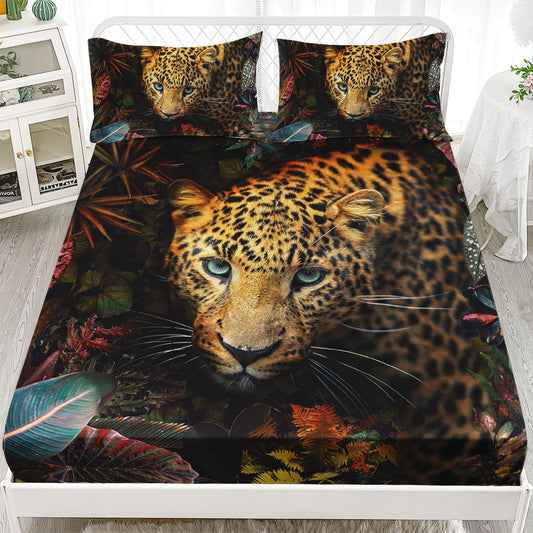 AILONEN Boys Leopard Fitted Sheet Set Twin XL Size, 3D Safari Animal Cheetah Bed Sheet Set,Botanical Leaves Floral Sheet Set 3 Pieces, 1 Fitted Sheet and 2 Pillowcases