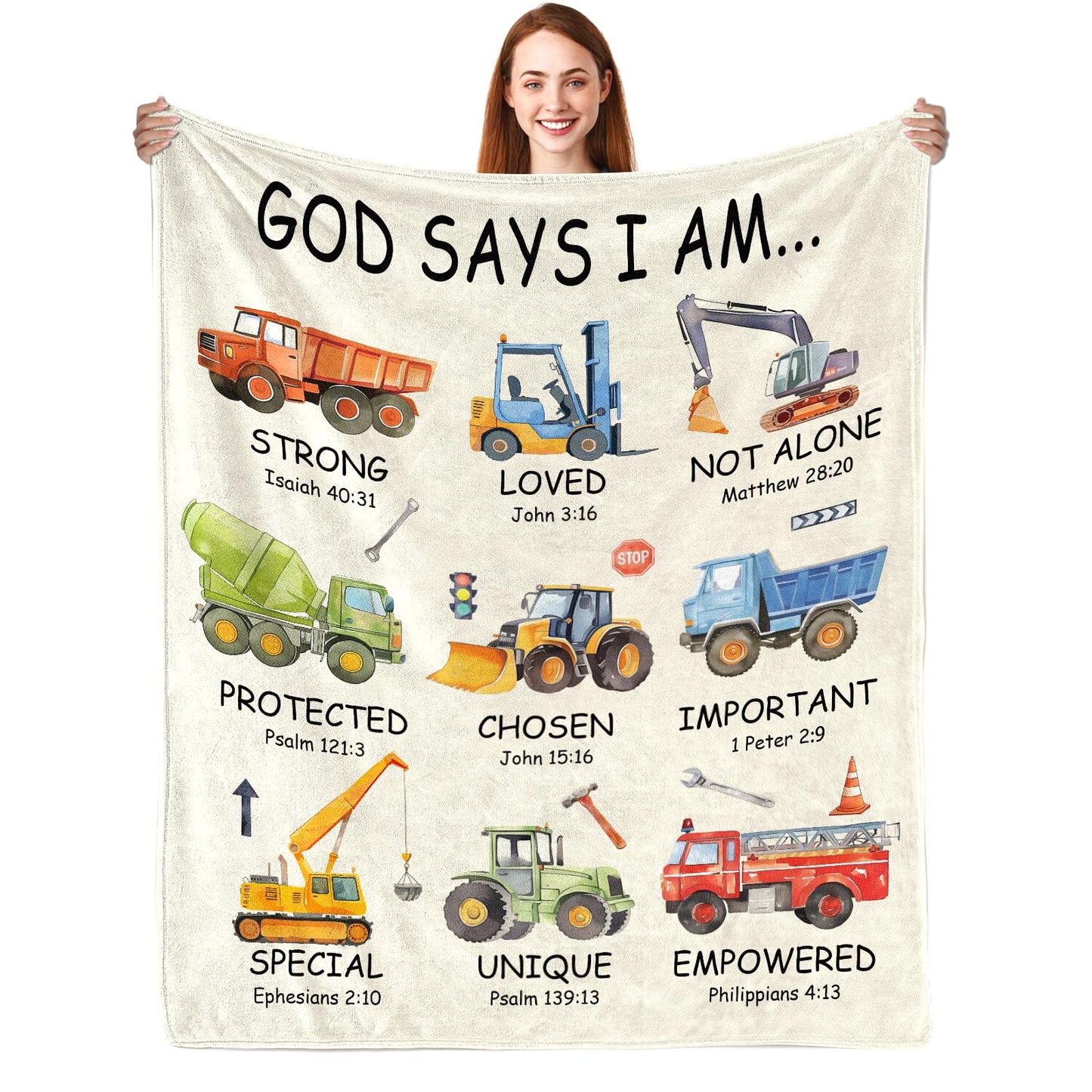 Christian Gifts for Boys, God Says I Am Construction Truck Blanket 50"x60", Inspirational Religious Birthday Gifts for Truck Lover Bible Verse Blanket, Construction truck gifts, Christian truck Gifts